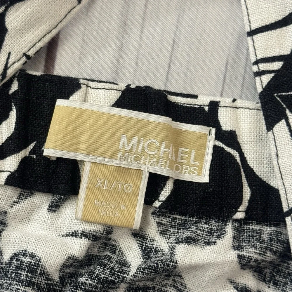 Michael Kors Linen Blend Tank‎ Top Black & White Tropical Palm Floral XL Women's